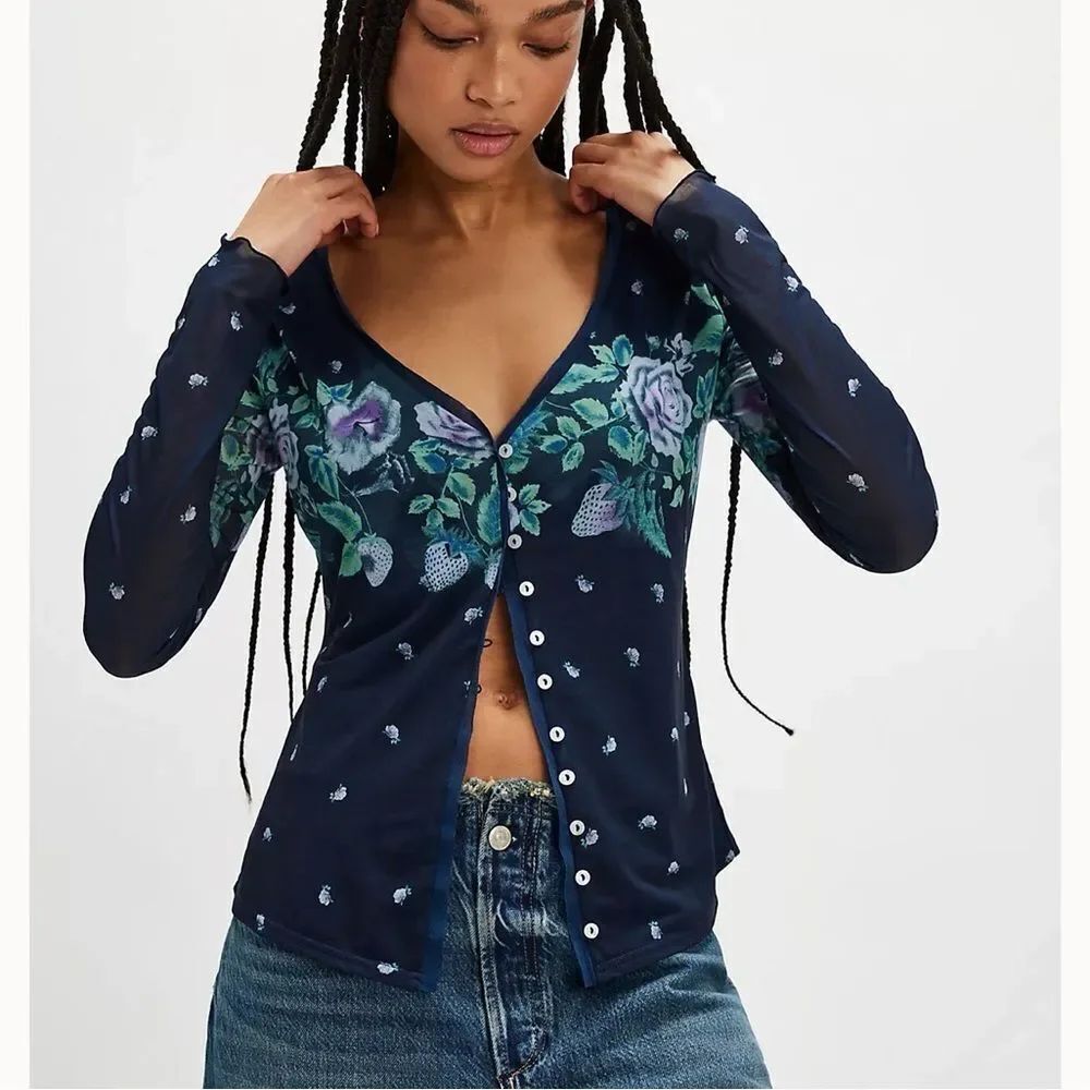 Free people Blue Floral Print Button Down Sheer/Mesh(Size Small)